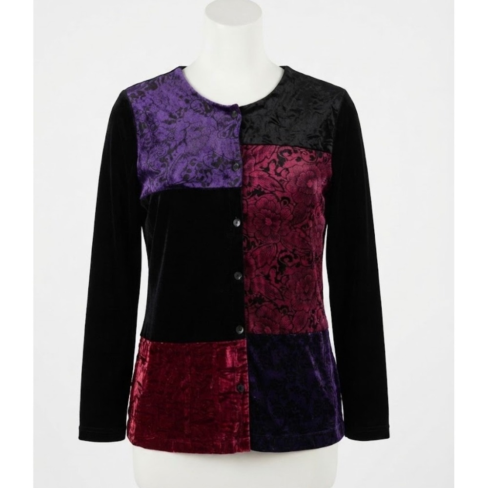 Bechamel Womens Velvet Patchwork Floral Burnout Button Front Cardigan Top Large